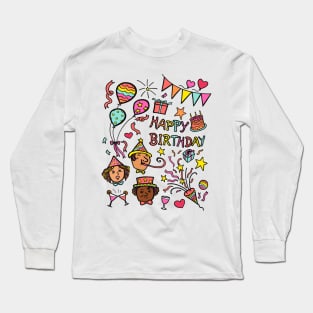 Illustration drawing of multi-ethnic group of young people celebrate birthday party. Happy birthday celebration concept. Long Sleeve T-Shirt